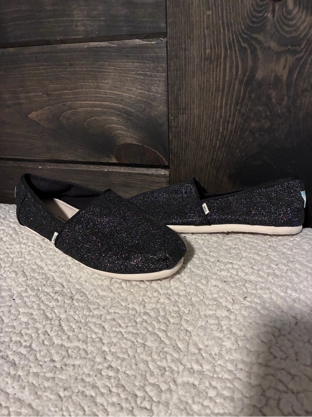 Toms Black Glitter Slip-On Flats, size 6.5, excellent condition